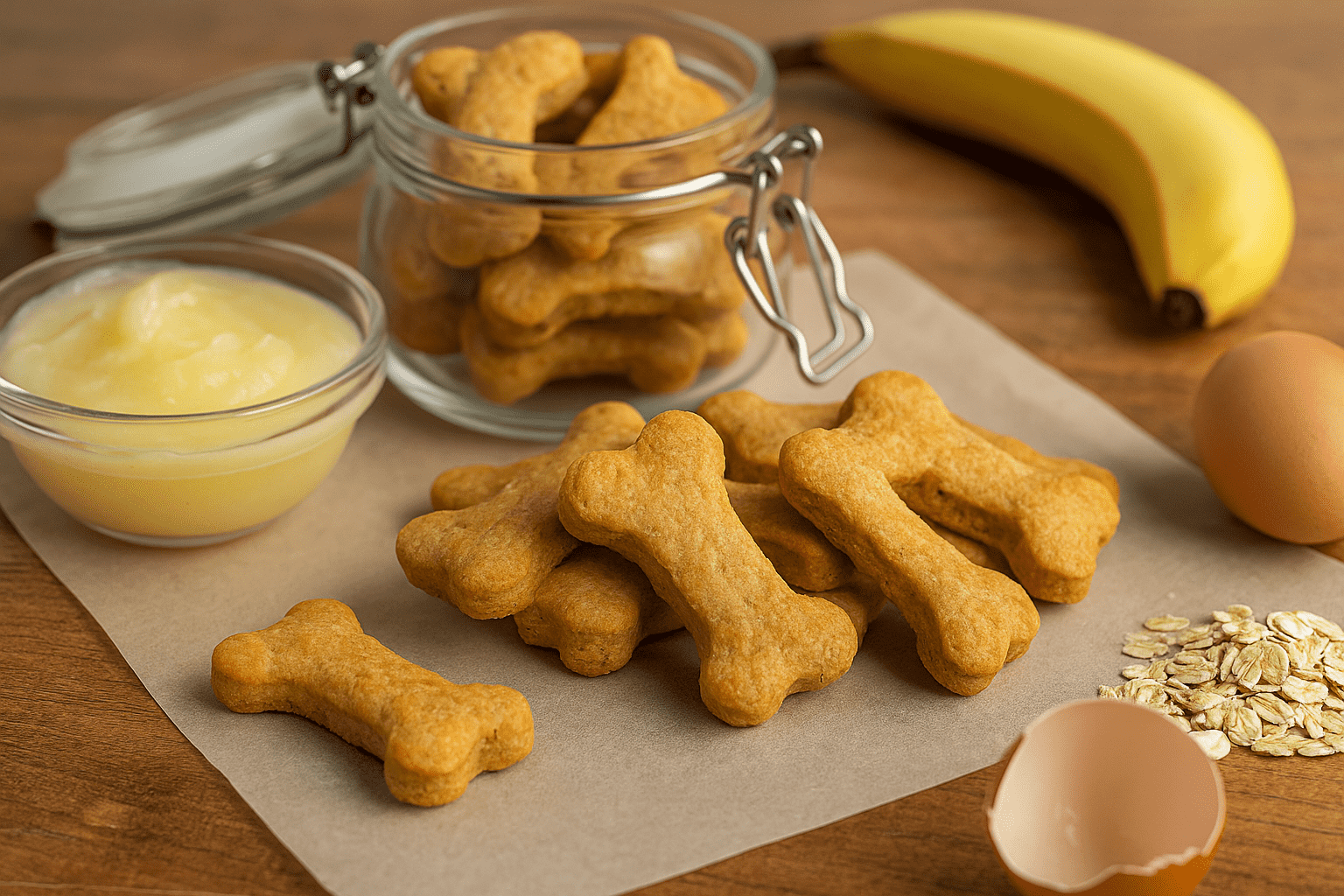 A delicious variety of Homemade Dog Treats With Bacon Grease — from bone-shaped biscuits to crunchy carrot sticks, fluffy pumpkin pupcakes, and chewy coconut bites — all laid out on a cozy wooden table, ready to make any pup’s tail wag!