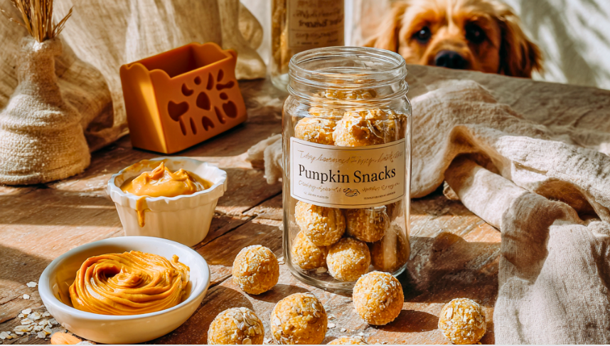 homemade no bake pumpkin dog treats rolled into bite-sized balls with oats