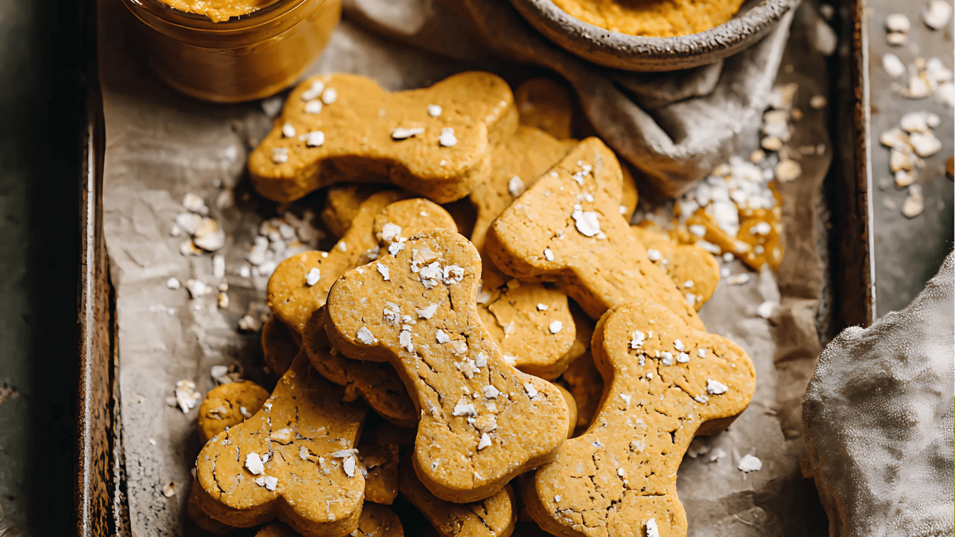 Dog Treats with Pumpkin Puree and Peanut Butter neatly arranged on a baking tray, with creamy peanut butter and pumpkin in the background, showcasing soft, healthy, and dog-friendly snacks.