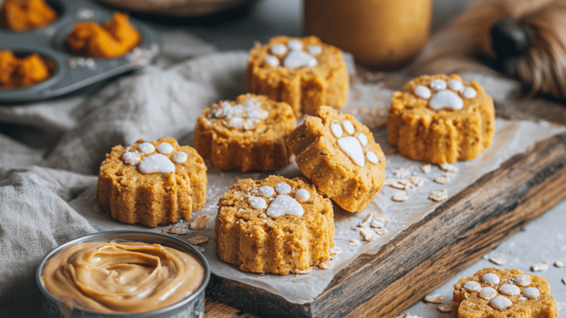 Close-up of frozen pumpkin puree dog treats with creamy texture and soft golden color, styled in silicone molds