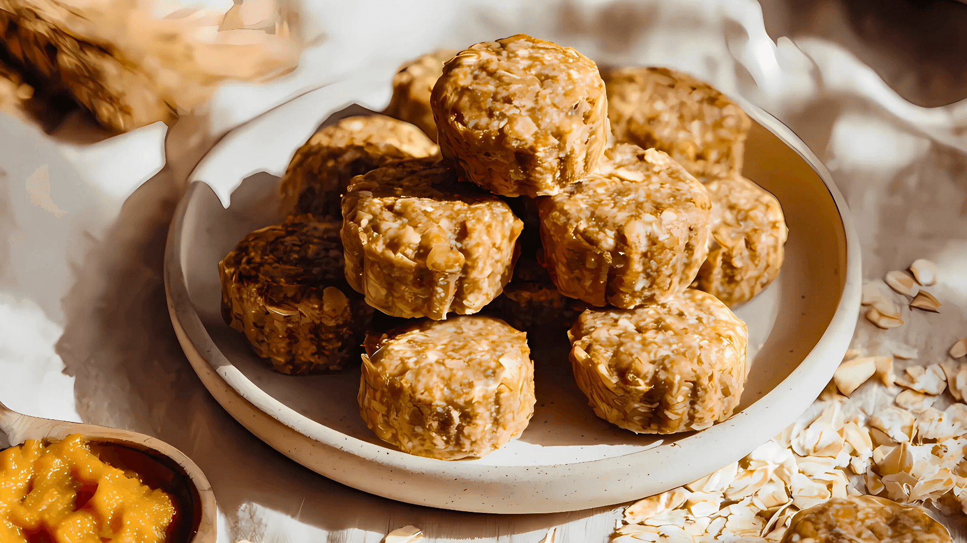 “Homemade Dog Treats Pumpkin Banana Oats shaped like bones, made with real pumpkin puree, mashed banana, and oats, styled on a rustic baking tray for a healthy, dog-safe snack.