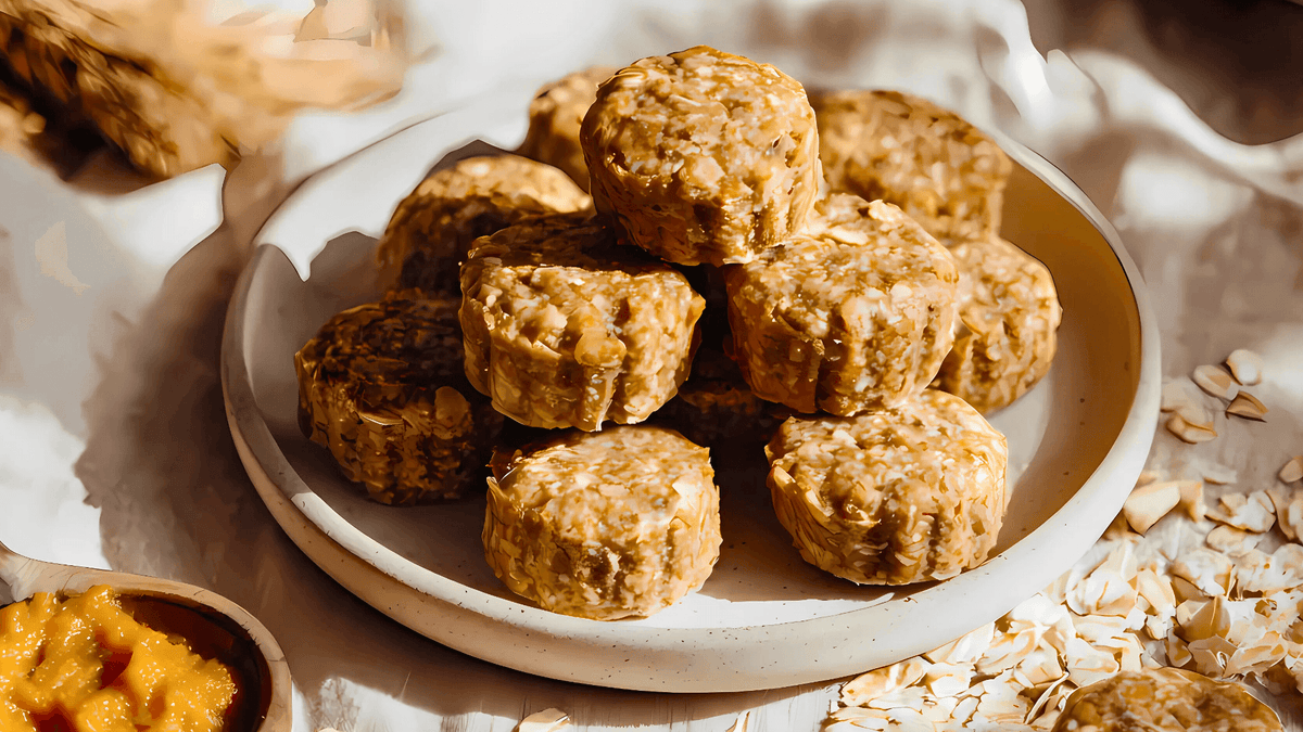 “Homemade Dog Treats Pumpkin Banana Oats shaped like bones, made with real pumpkin puree, mashed banana, and oats, styled on a rustic baking tray for a healthy, dog-safe snack.